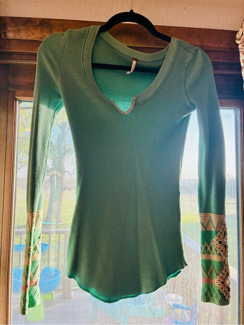 Free People Seafoam Green Thermal Long Sleeve Top with Embroidered Cuffs